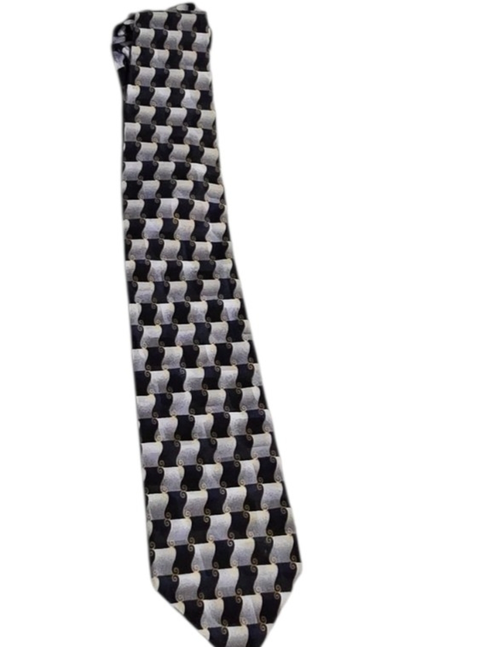 Bergamo New York Handmade 100% Silk Tie Navy Silver Gold Geometric Wave Scroll